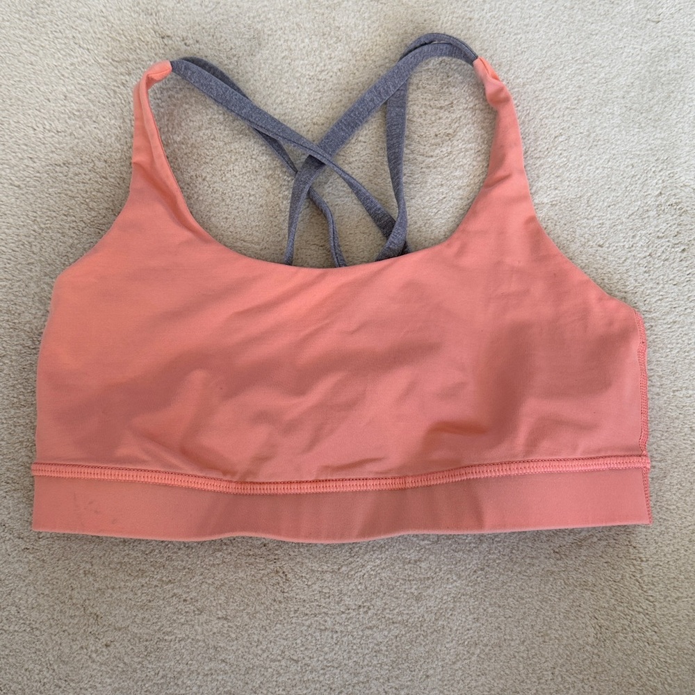 Lululemon Energy Bra in coral orange with grey straps sz 6